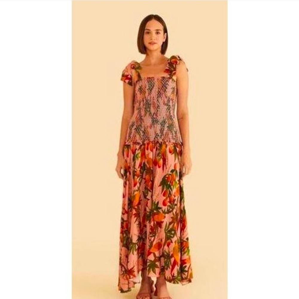 Farm Rio Pink Toucans Smocked Maxi Dress Tropical Mango Tree Print Size small